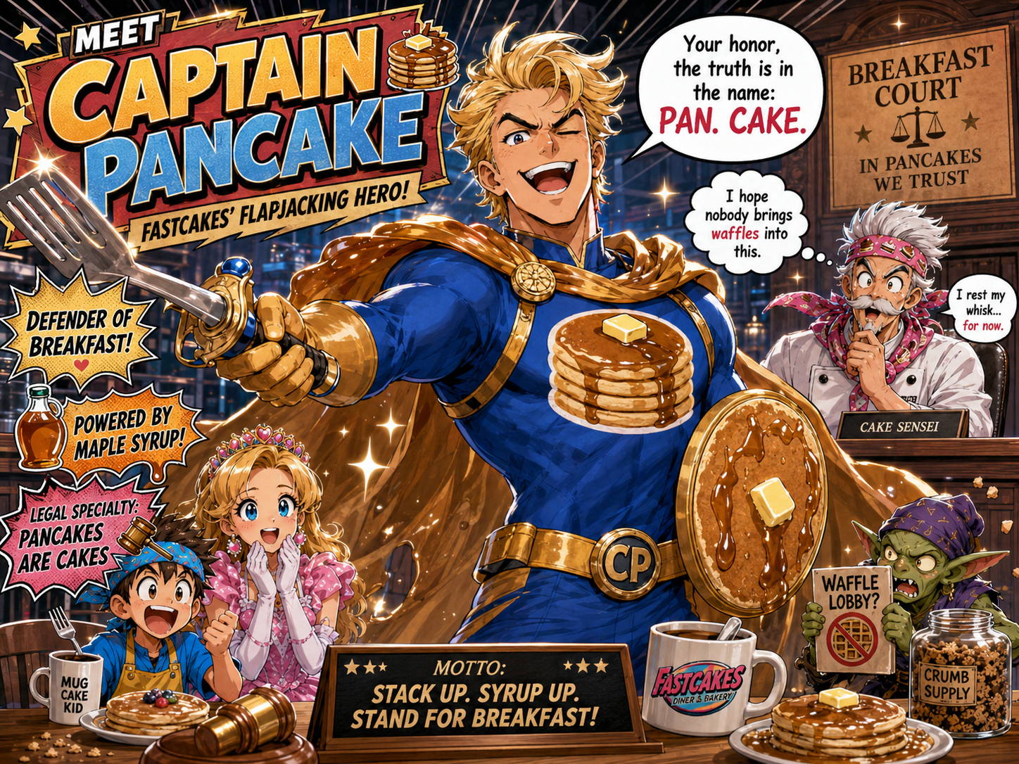 Captain Pancake defending breakfast cakes