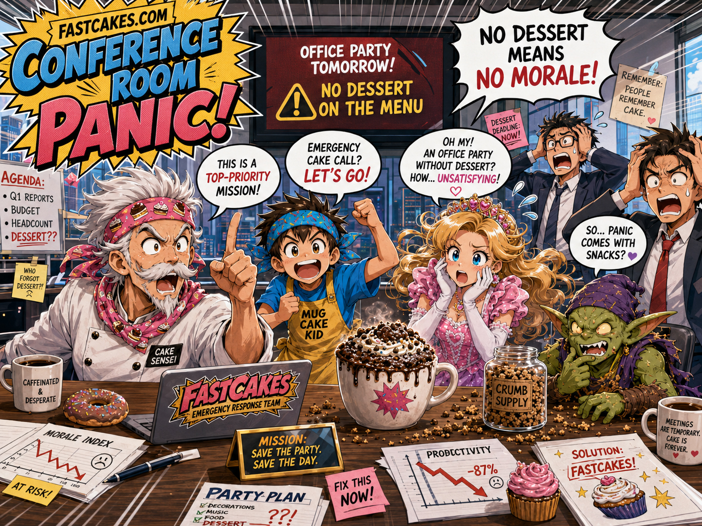 Conference room panic during a workplace dessert emergency