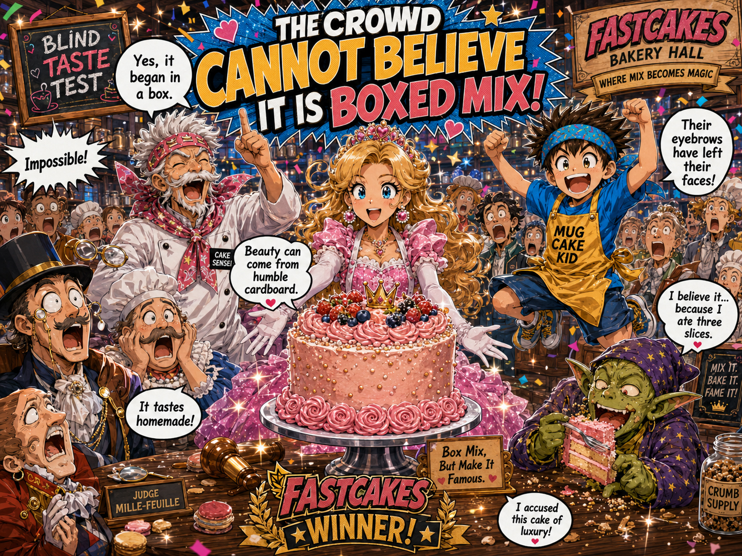 Crowd reacting to cake mix, representing product and recipe variability