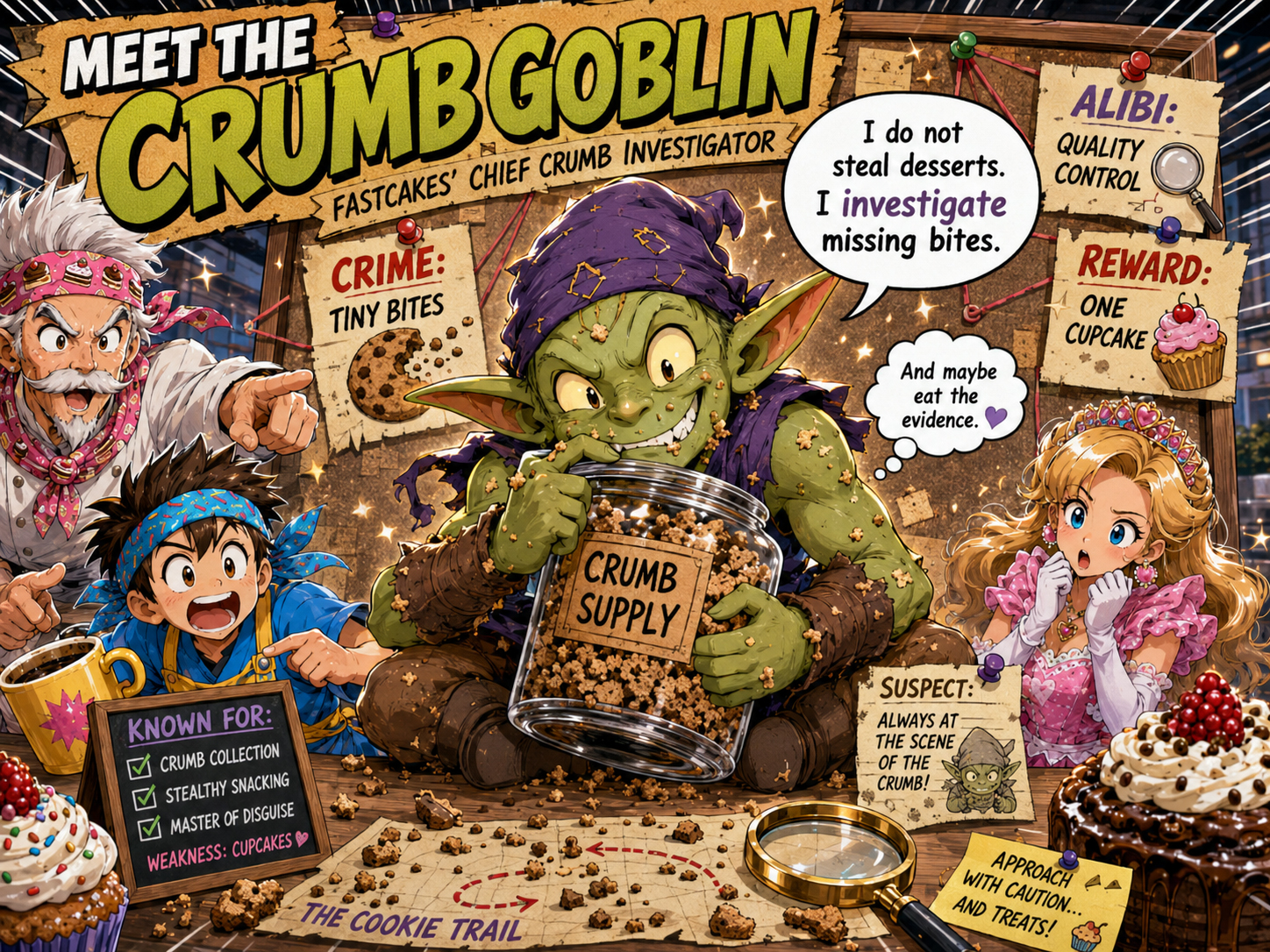 Crumb Goblin pretending not to steal dessert crumbs