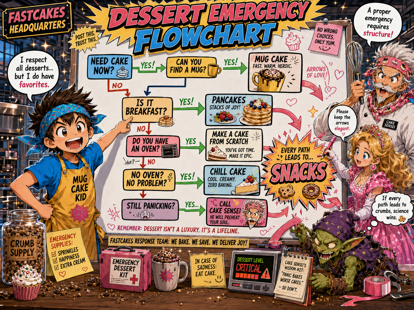 FastCakes dessert emergency flowchart used for humor not formal instruction