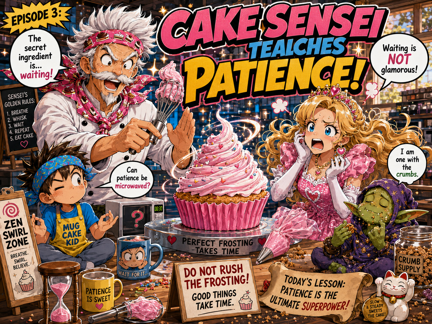 Cake Sensei teaching patience in Episode 3