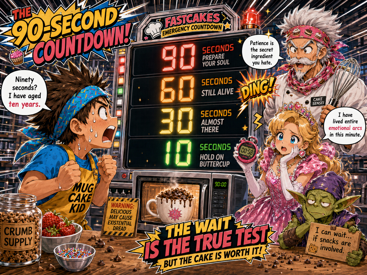 Mug Cake Kid watching a dramatic ninety-second countdown
