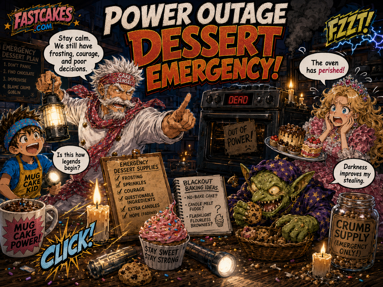 FastCakes power outage dessert emergency scene representing safety and disclaimer information