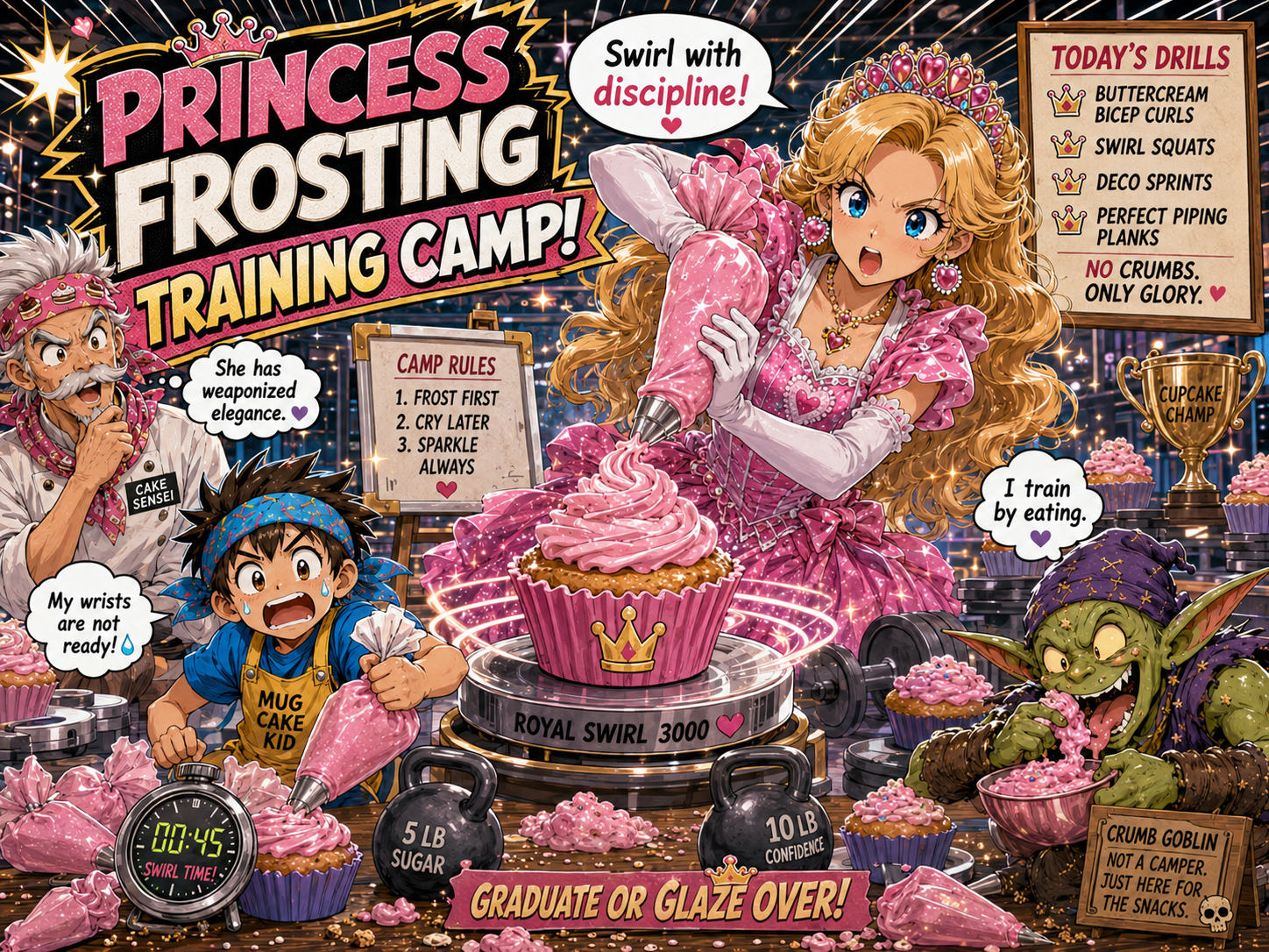 Princess Frosting leading a fast frosting training camp in the FastCakes kitchen